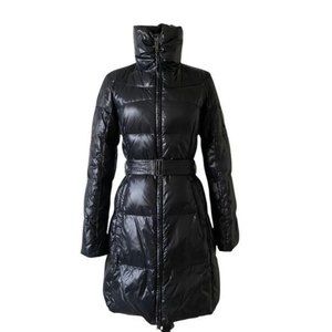 ADD DOWN ICON 10 Sz 4 Shiny Black Belted Puffer Coat Standup Collar Unhooded